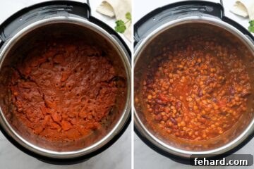 Side by side photo of pressure cooked instant pot lentil chili before and after stirring.