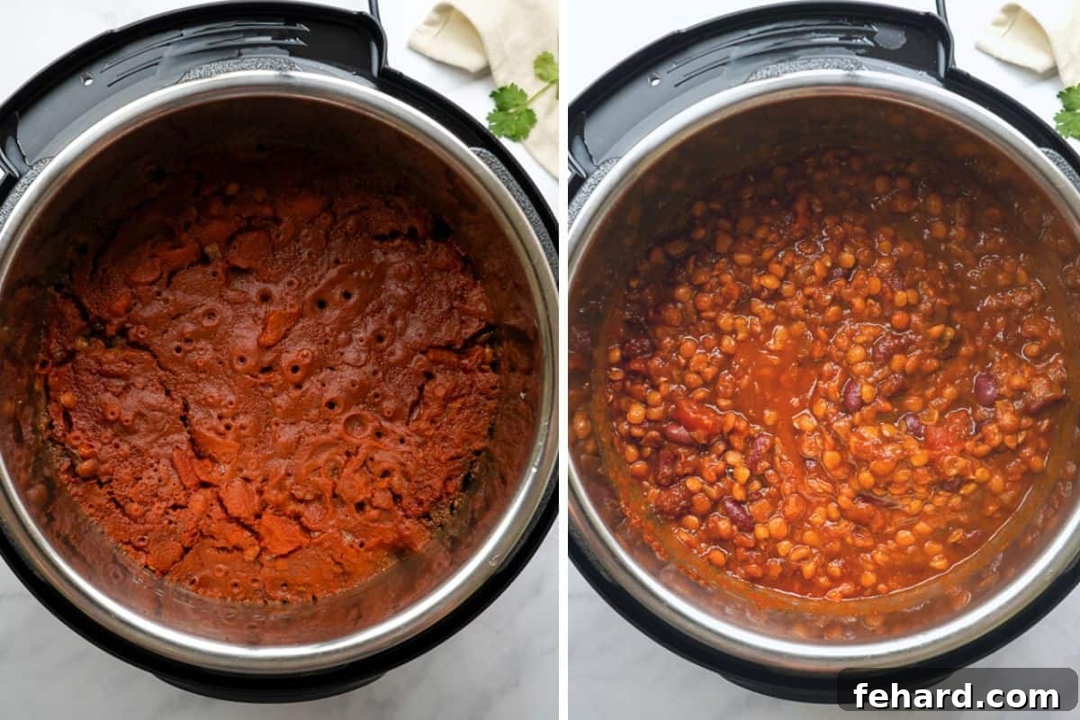 Side-by-side comparison of Instant Pot Lentil Chili before and after stirring, showcasing its transformation.