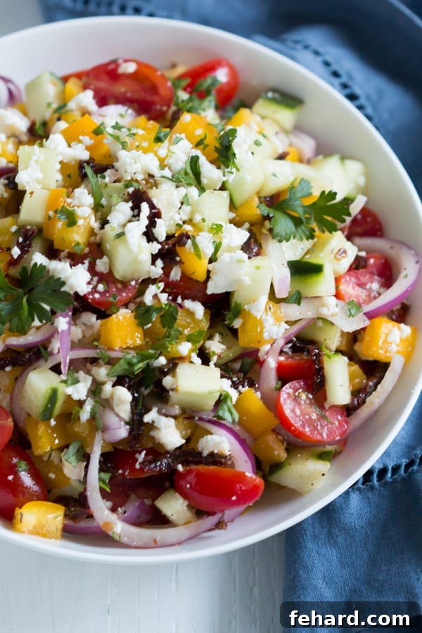 Easy Mediterranean Salad with fresh vegetables and feta.