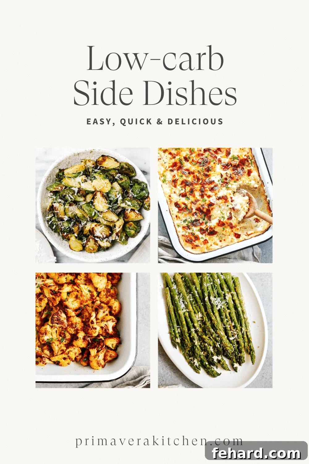Delicious Low-Carb Sides 2 A vibrant collage of various low-carb side dish recipes, featuring a text overlay that reads "Low Carb Side Dish Recipes." The images showcase colorful vegetables and appetizing preparations.