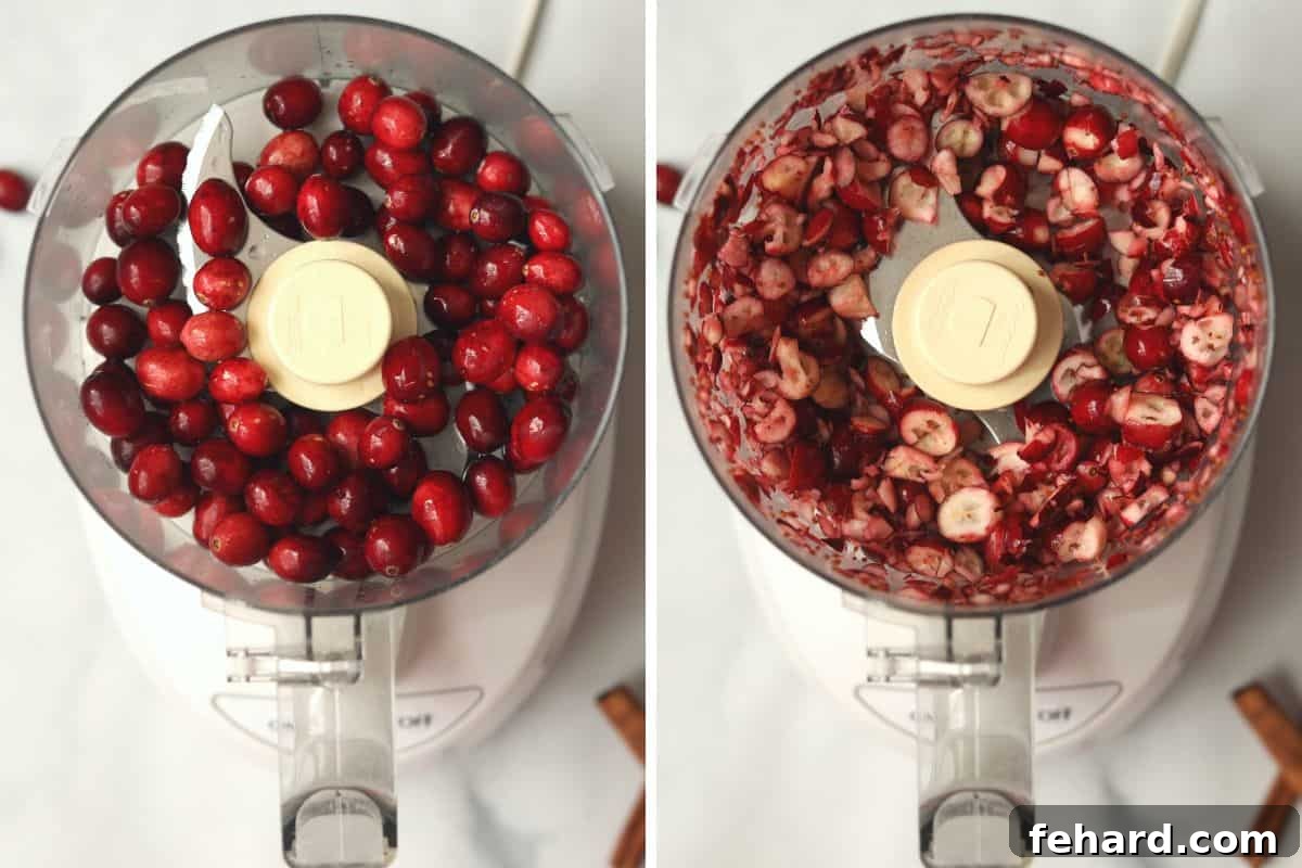 Cranberry Orange Muffin Recipe with Fresh Cranberries Side by side pictures of a food processor before and after pulsing cranberries to a fine chop.