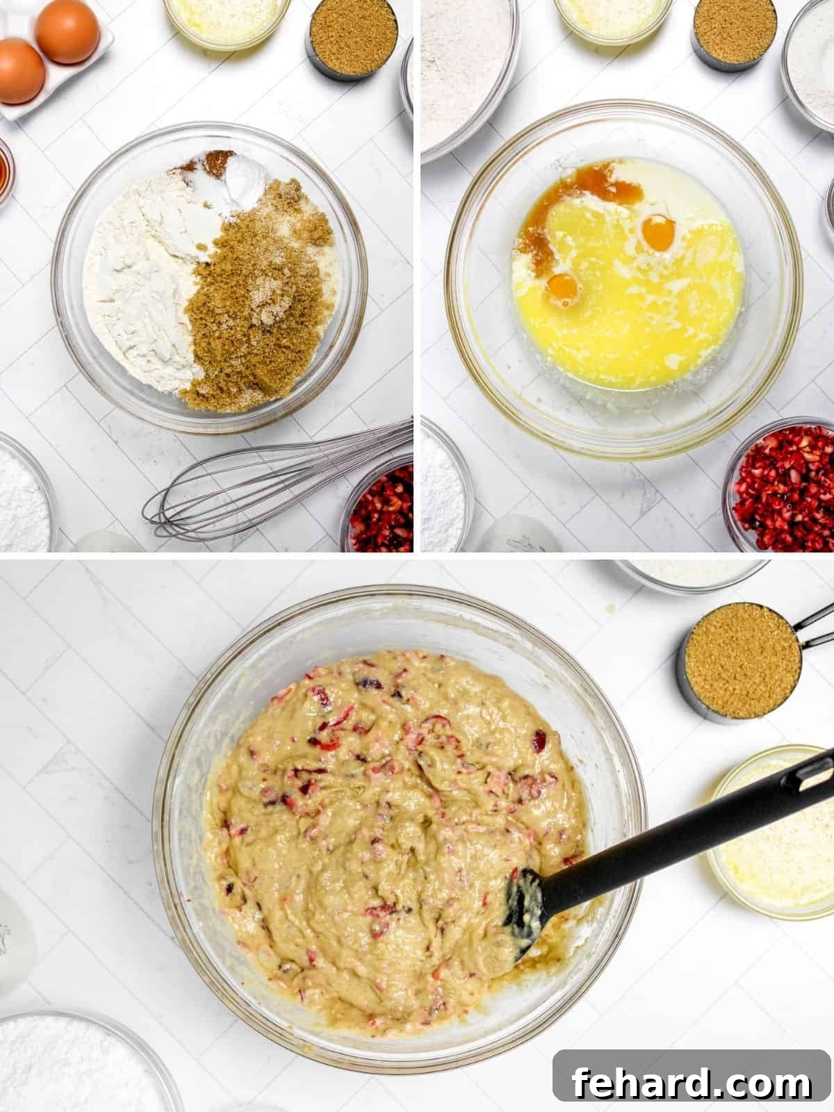 Cranberry Orange Muffin Recipe Three photos showing the steps of combining wet and dry ingredients to make cranberry orange muffin batter, from initial mixing to a perfectly folded batter.