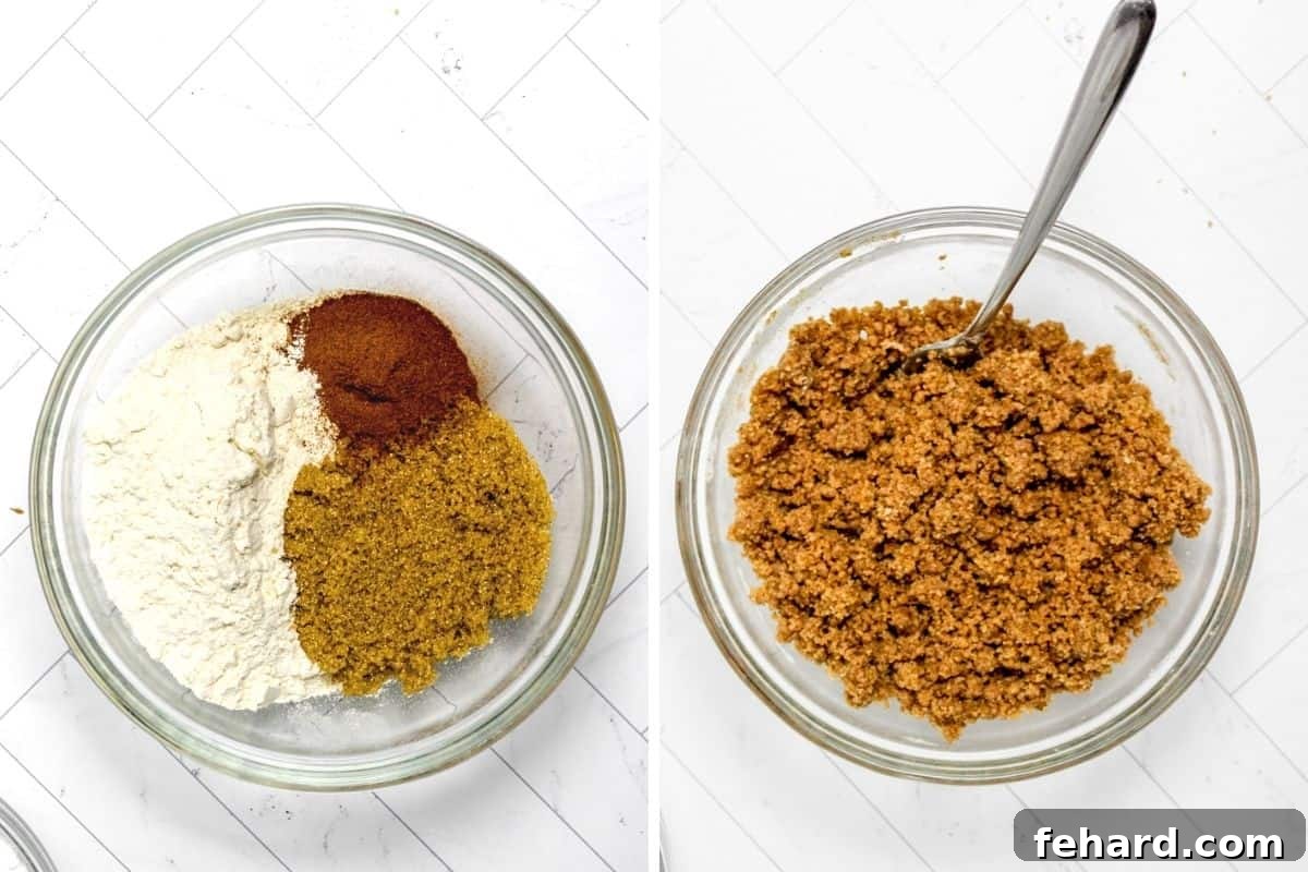 Orange Cranberry Muffins Side by side view of a bowl before and after mixing muffin streusel ingredients, showing the transition to a wet sand-like consistency.