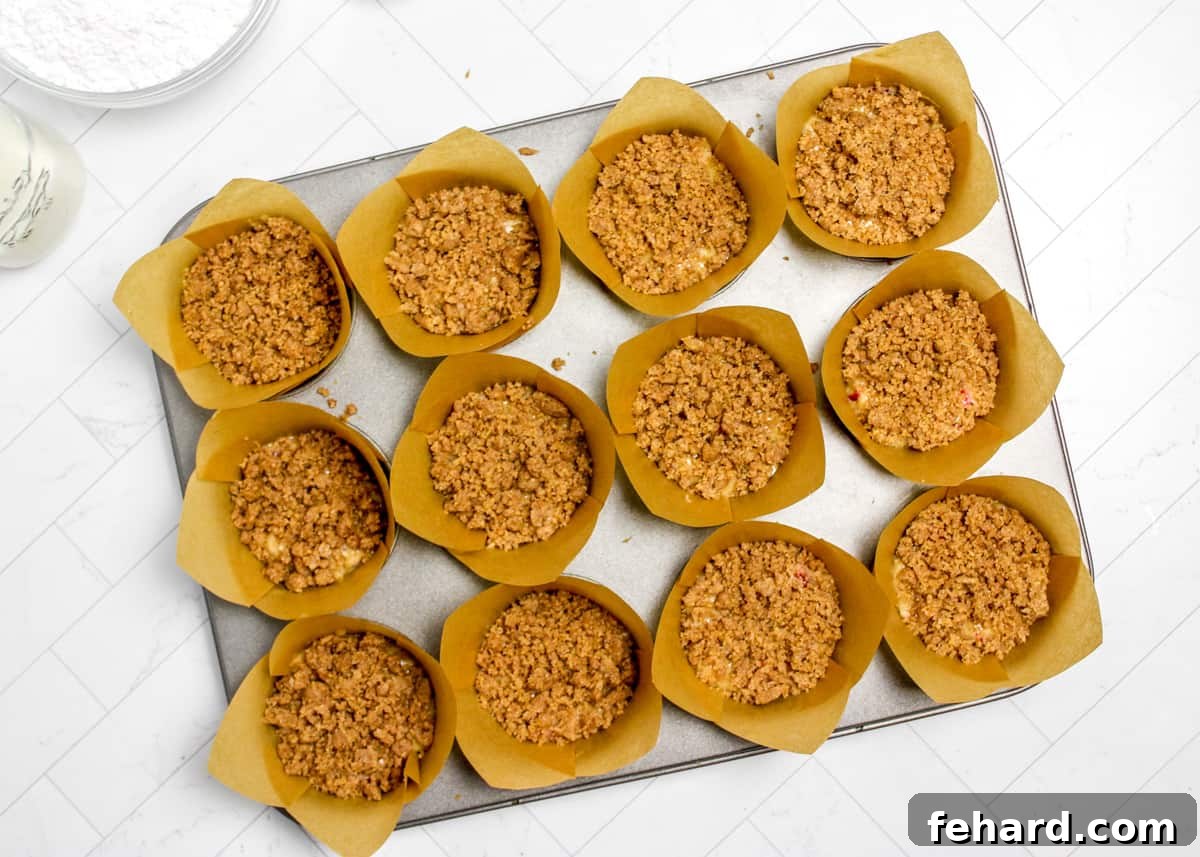 Cranberry Orange Muffins with Streusel Cranberry Muffin Batter topped with streusel in a muffin tin, ready for baking.