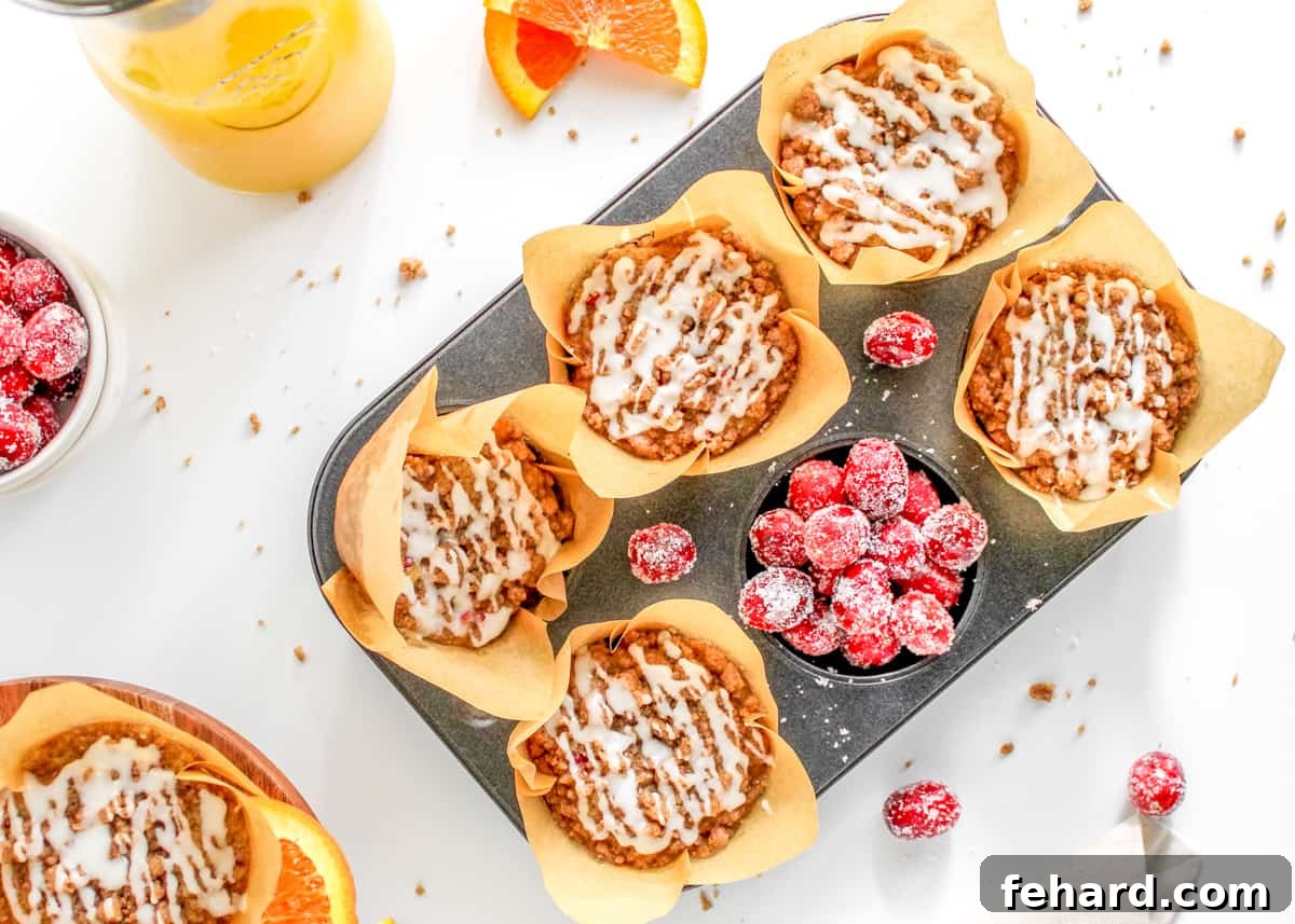 Muffins with Fresh Cranberries Cranberry Streusel Muffins in a baking tin next to sugared cranberries, showcasing their festive appeal.