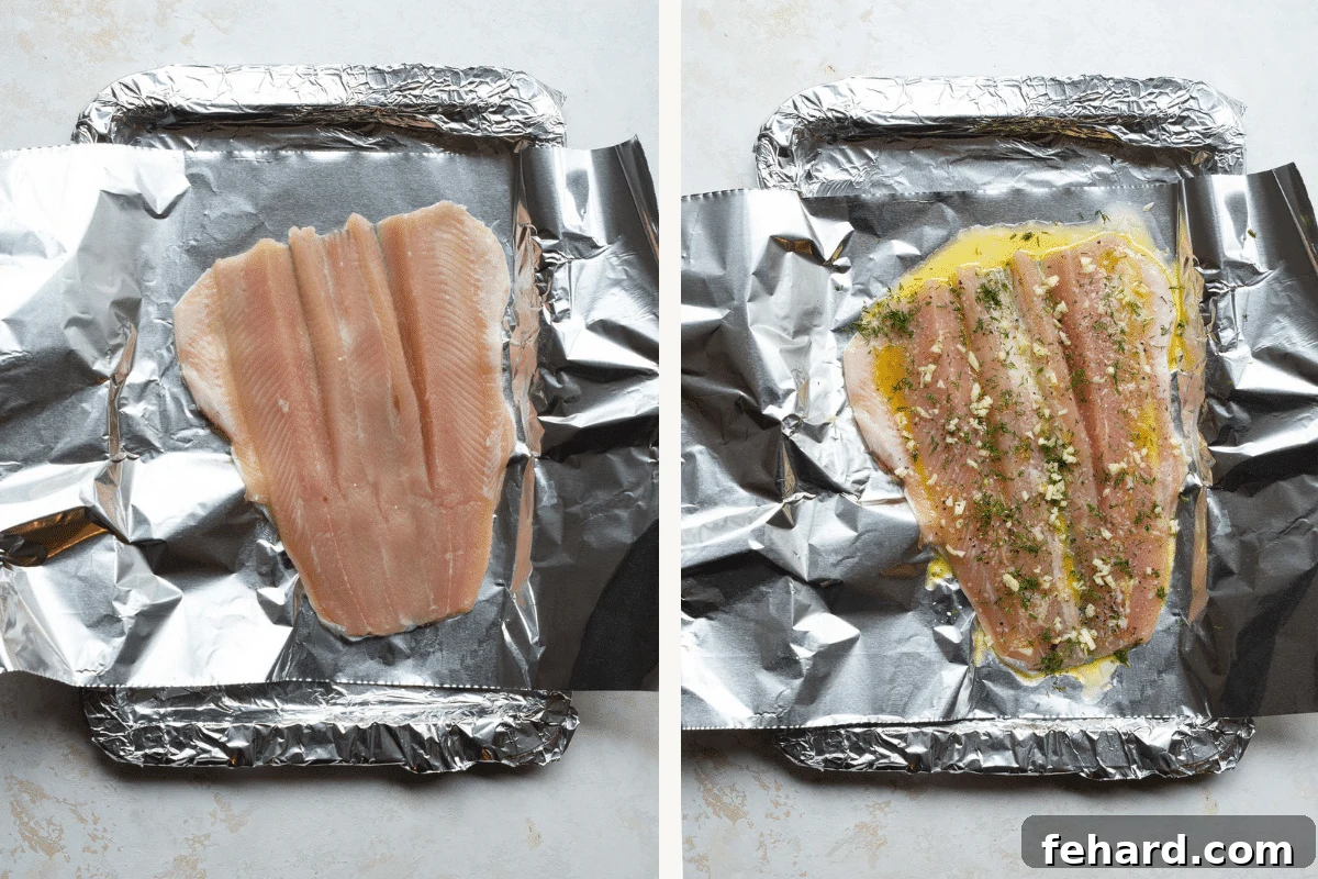 Mouthwatering Garlic Butter Rainbow Trout 4 Left: Raw rainbow trout fillet on a prepared baking sheet, seasoned and ready for butter. Right: Raw rainbow trout fillet fully seasoned with garlic, dill, salt, and pepper.