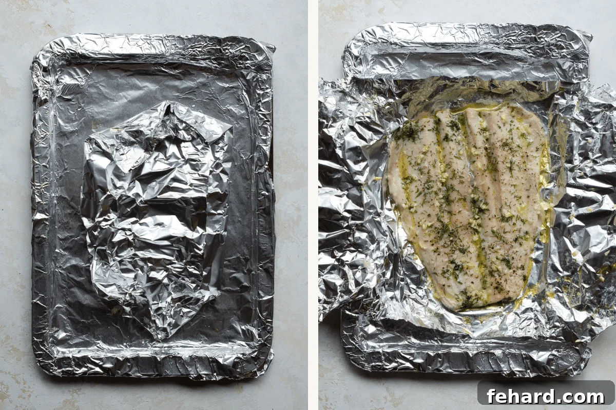 Mouthwatering Garlic Butter Rainbow Trout 5 Left: Rainbow trout fillet tightly wrapped in aluminum foil, ready for baking. Right: Cooked trout fillet inside the opened aluminum foil packet, glistening and flaky.