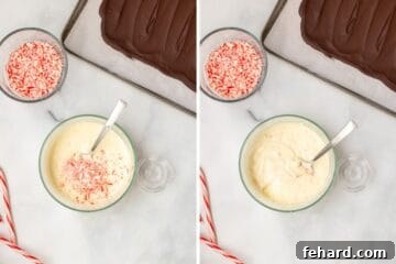Side by side picture of white chocolate before and after adding in candy canes.