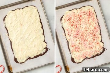 Side by side pictures showing spreading white chocolate over dark chocolate and then sprinkling with candy canes.