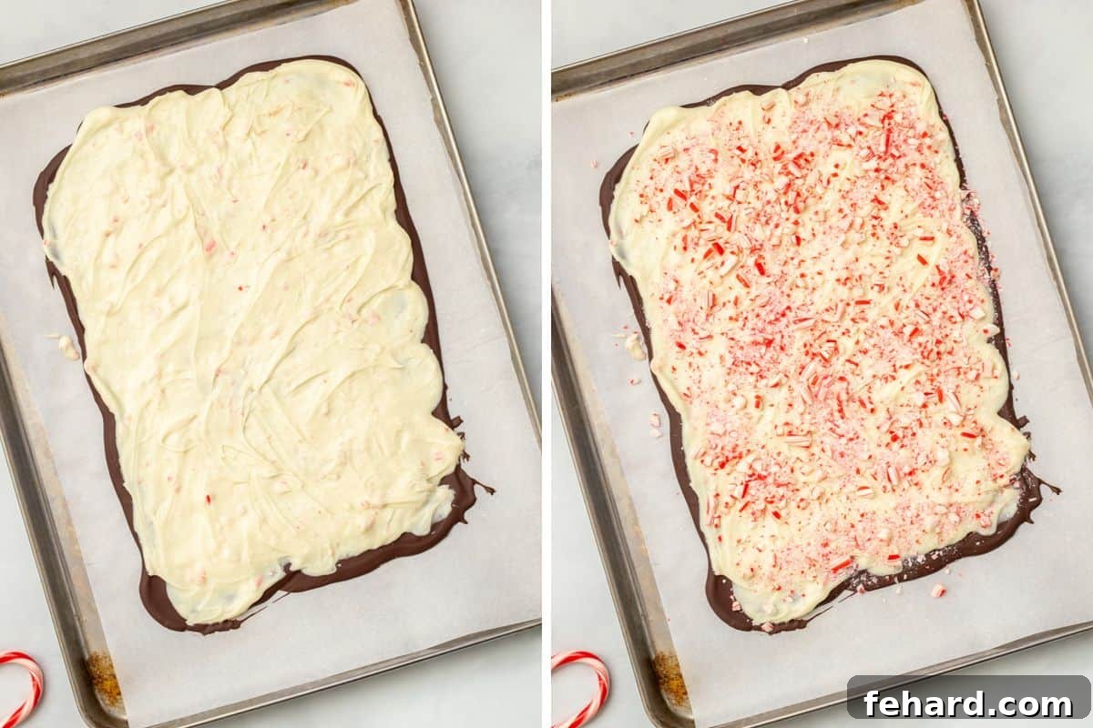 Side-by-side pictures illustrating the process of spreading the white chocolate layer over the dark chocolate and then sprinkling the crushed candy canes on top for a festive finish.
