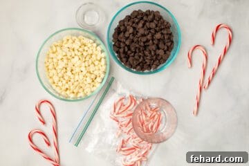 Baggie of crushed candy canes next to ingredients for Peppermint Bark