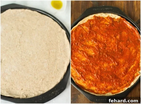 Step-by-step photos showing pizza dough being rolled out and tomato sauce being spread on the crust