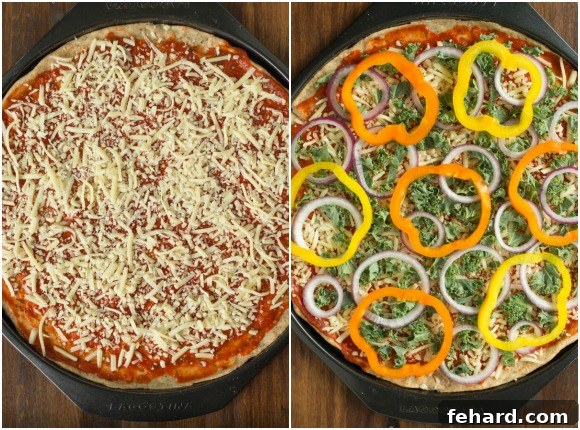 Step-by-step photos showing shredded cheese being added to pizza, followed by kale, bell peppers, and red onions