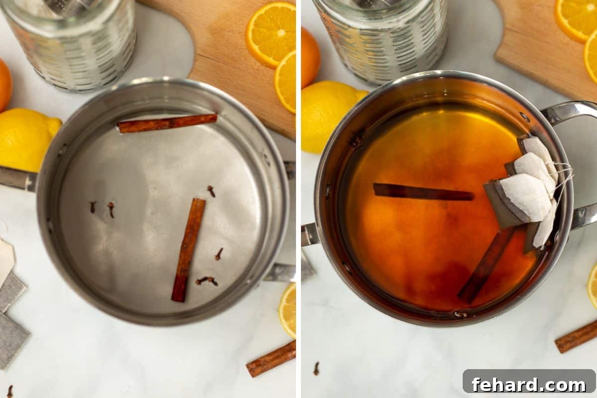 Spiced Tea Recipe A side-by-side photo illustrating the different stages of preparing homemade Christmas Tea, from steeping to blending.