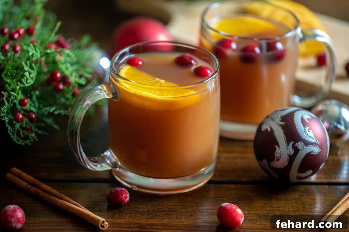 Spiced Holiday Tea Close-up of Homemade Christmas Tea in glass mugs, adorned with cinnamon sticks and fresh cranberries, set against a blurred holiday backdrop.
