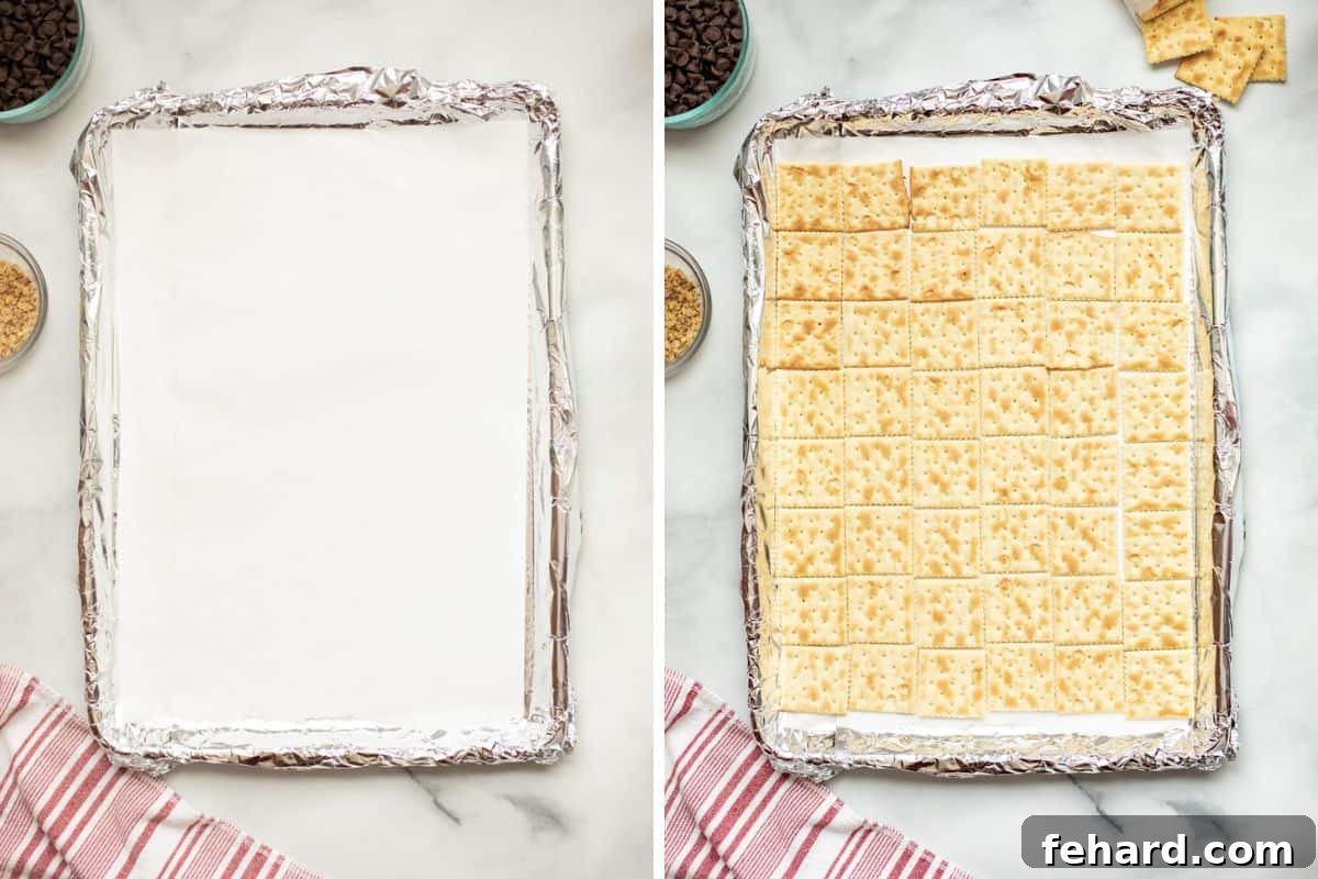 Side-by-side photo showing a baking sheet properly lined with foil and parchment, and then covered with an even layer of saltine crackers.