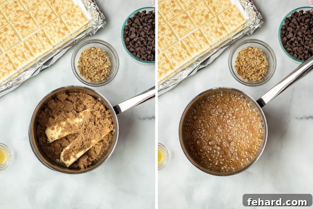Side-by-side images of butter and brown sugar in a saucepan: before boiling and after reaching a rich, bubbly caramel consistency.