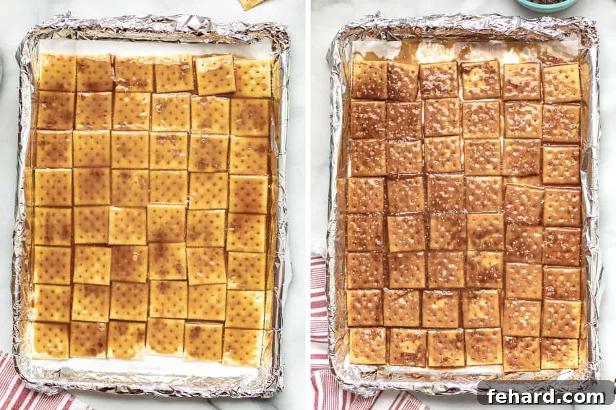 Side-by-side photos showing caramel mixture poured over saltine crackers before baking, and then after baking, with a golden-brown finish.