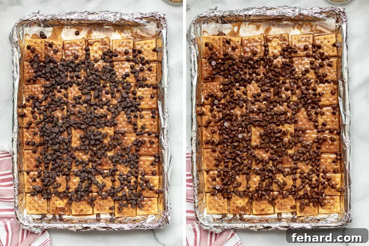 Side-by-side images showing chocolate chips sprinkled over baked toffee, and then after being in the warm oven, melted and glistening.