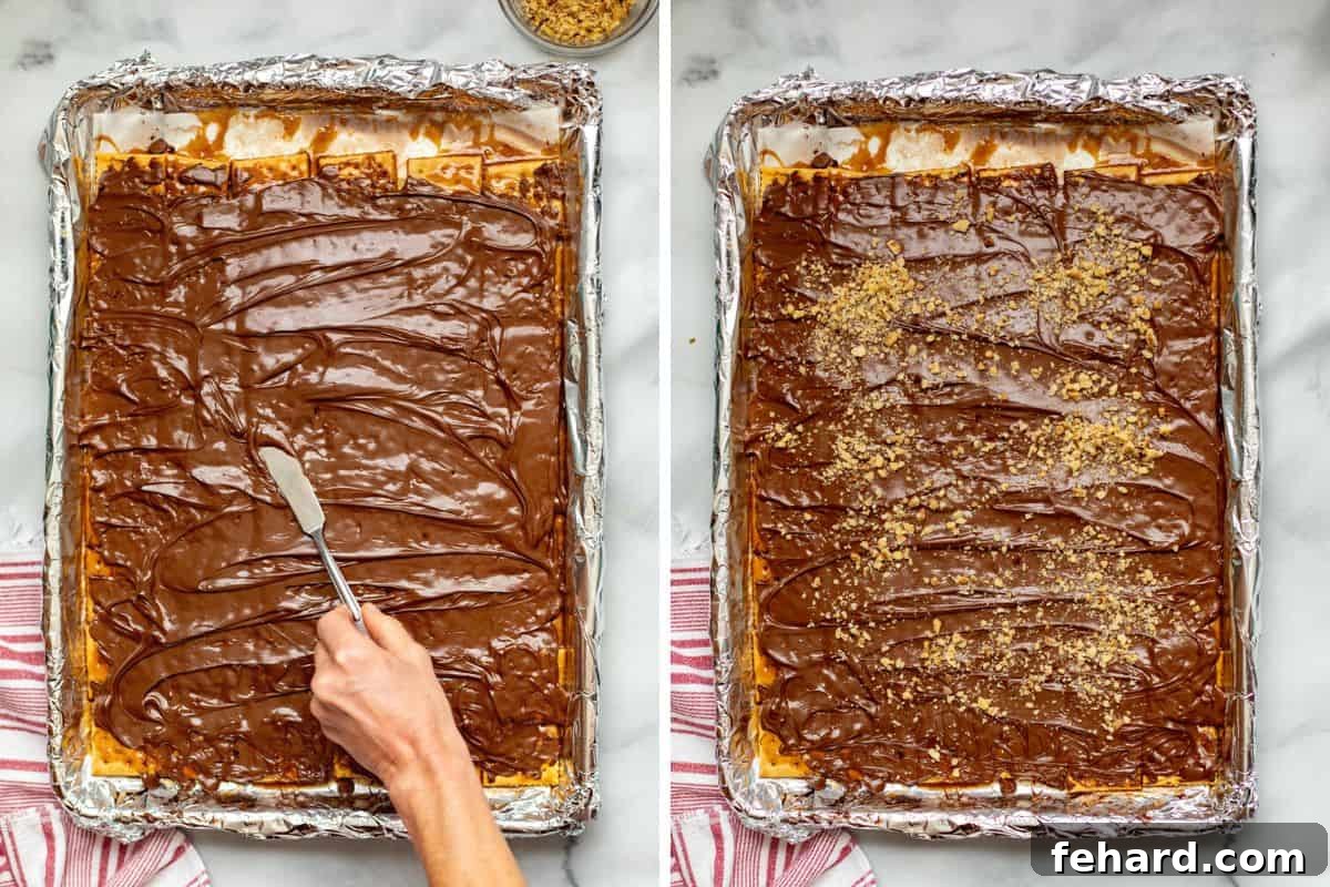 Side-by-side photos demonstrating spreading melted chocolate and then adding chopped nuts as a topping.