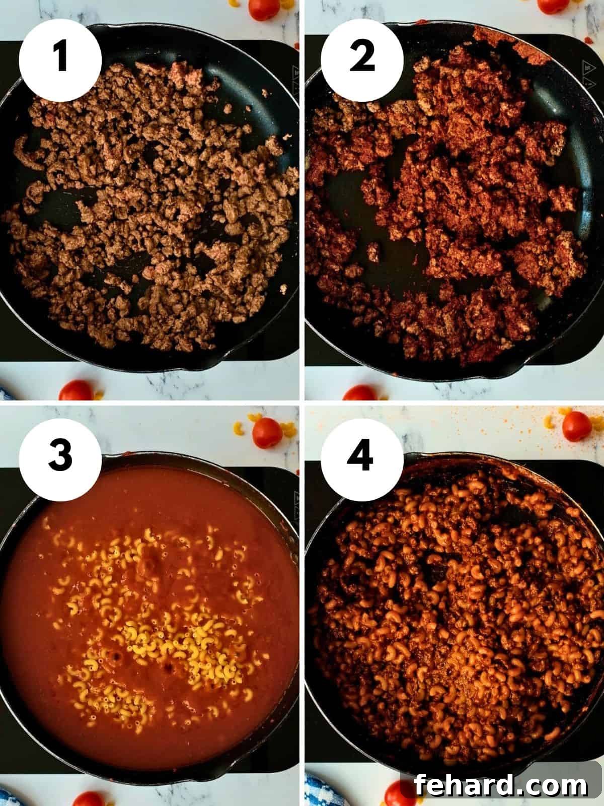 Collage of 4 numbered photos showing the steps of making hamburger helper from scratch: browning meat, toasting spices, simmering pasta, and the finished dish.