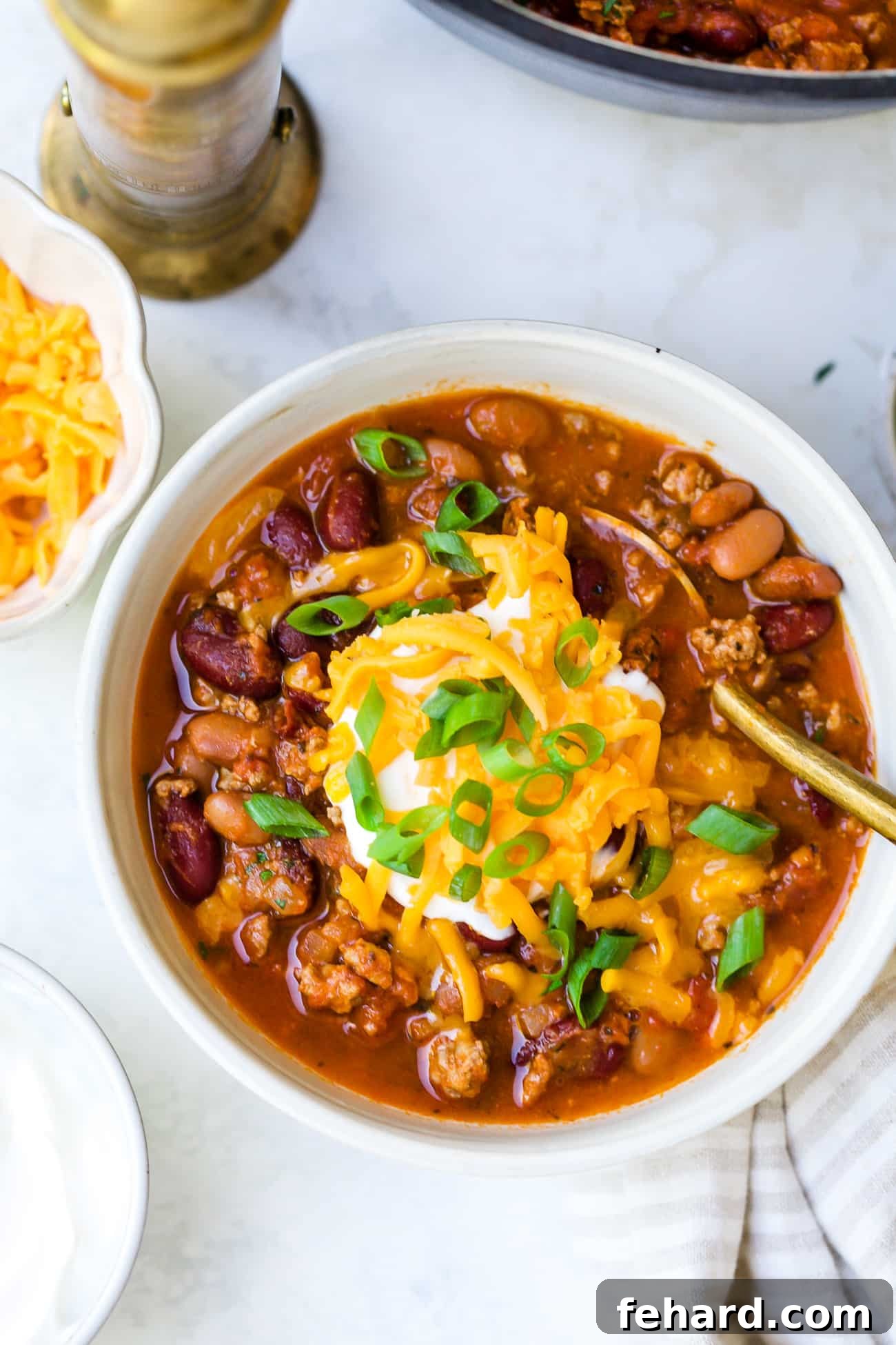 overhead view of a white bowl with classic chili recipe