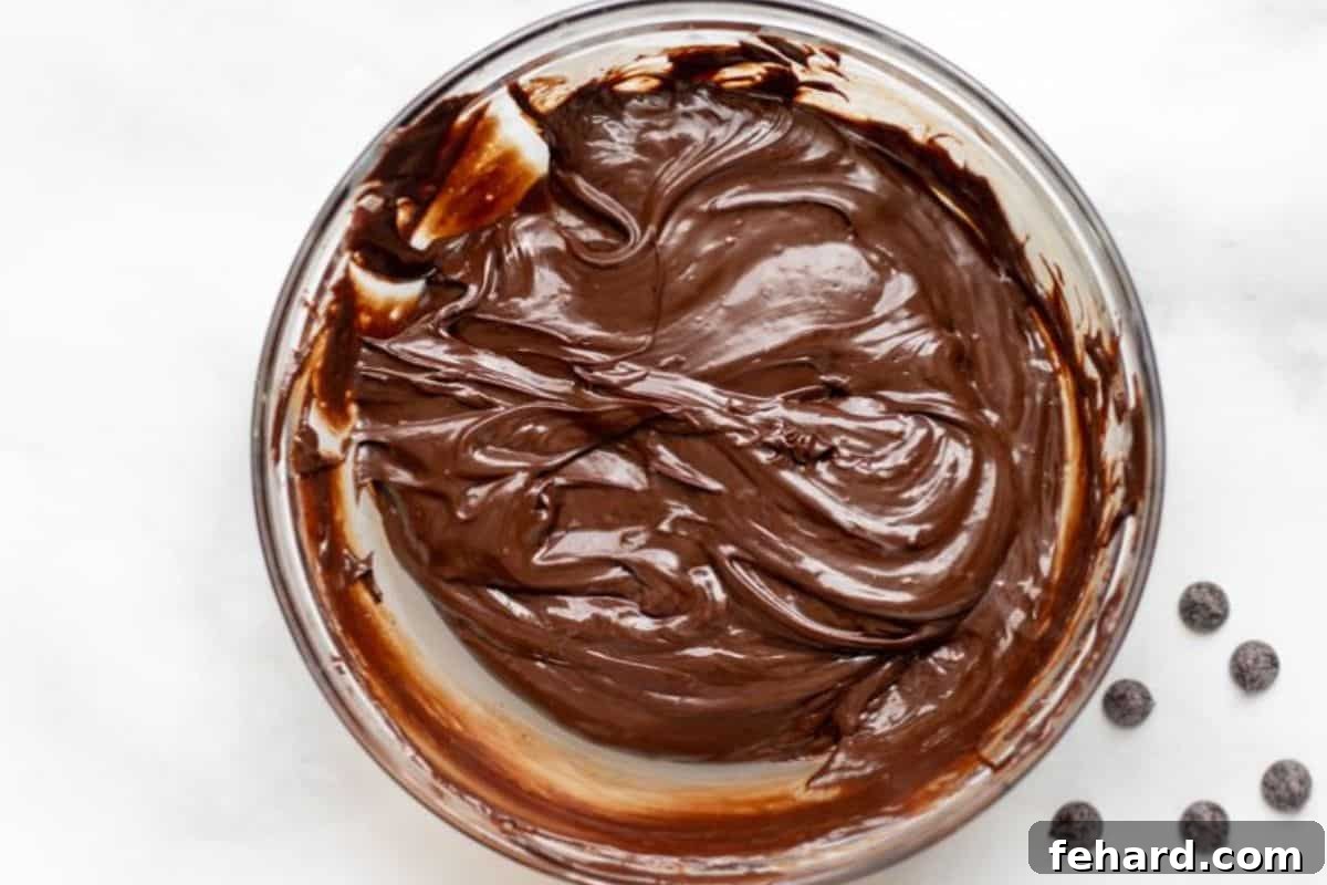 A bowl filled with a luscious mixture of melted chocolate chips, creamy sweetened condensed milk, rich vanilla extract, and golden butter, ready to be transformed into homemade fudge.