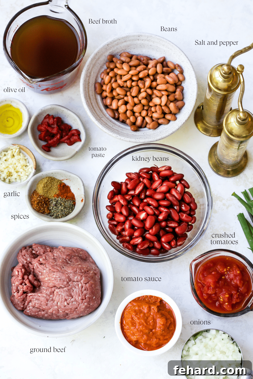 Ingredients laid out on a countertop to make Classic Chili Recipe.
