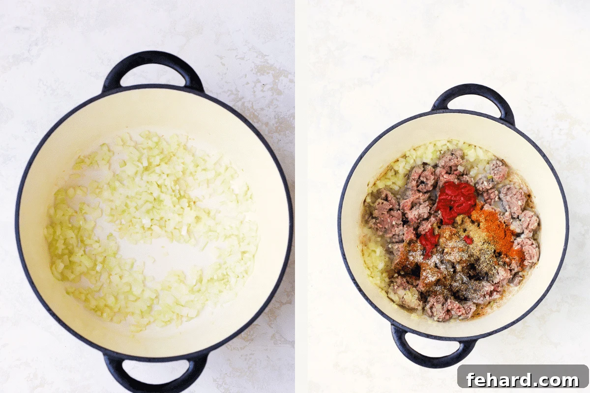 Left: Onions sauteing in a pot. Right: Meat and seasonings added to pot. 