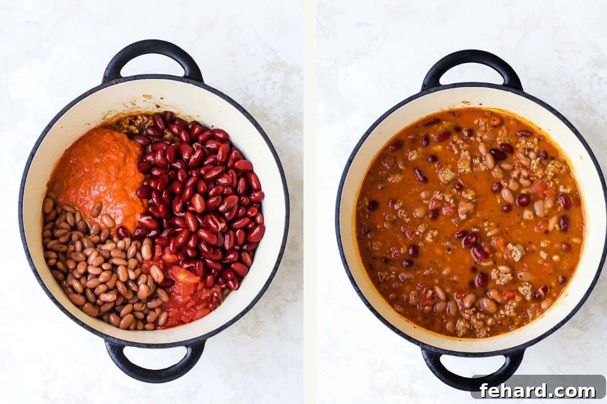 Left: Beans and tomatoes added to pot. Right: Broth added to chili. 