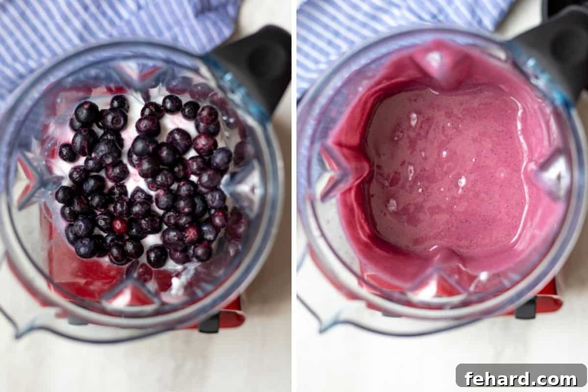 Two side-by-side pictures illustrating the blending process: the first shows a blender with whole berries and plain yogurt, while the second displays the perfectly smooth, blended yogurt mixture, ready for tubing.