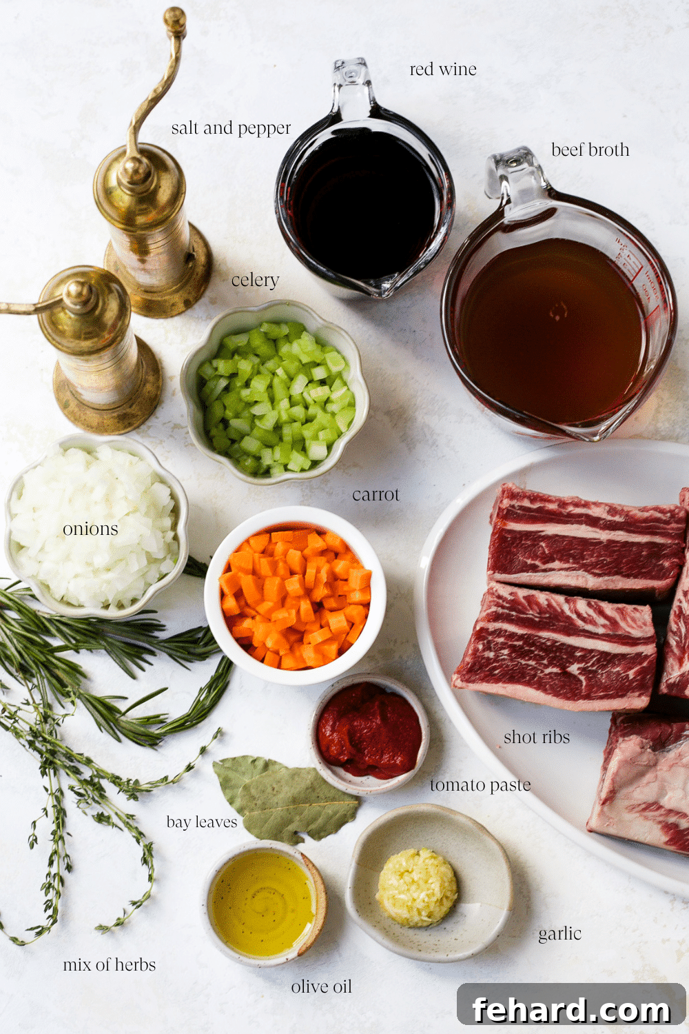 Pre-measured ingredients for red wine braised short ribs. 