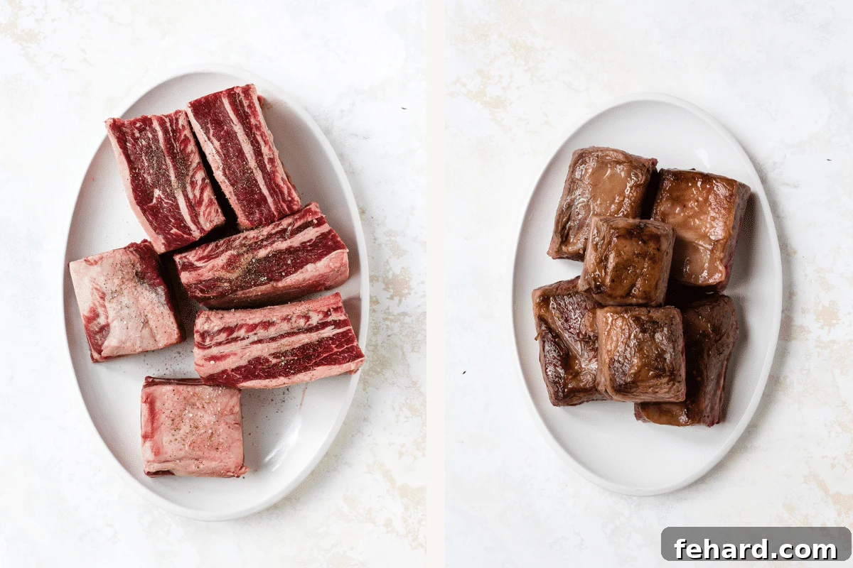 Left: seasoned short ribs. Right: seared short ribs. 