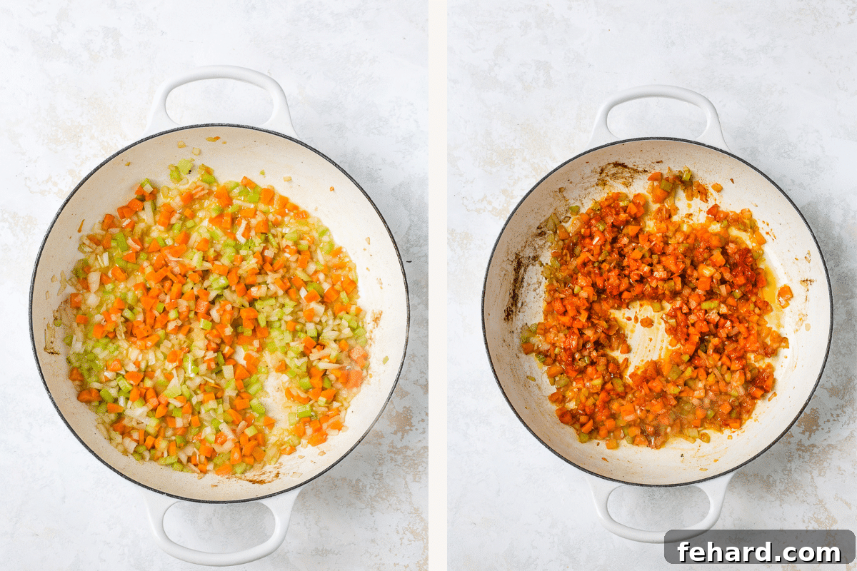 Left: vegetables in a Dutch oven. Right: vegetables after sautéing. 