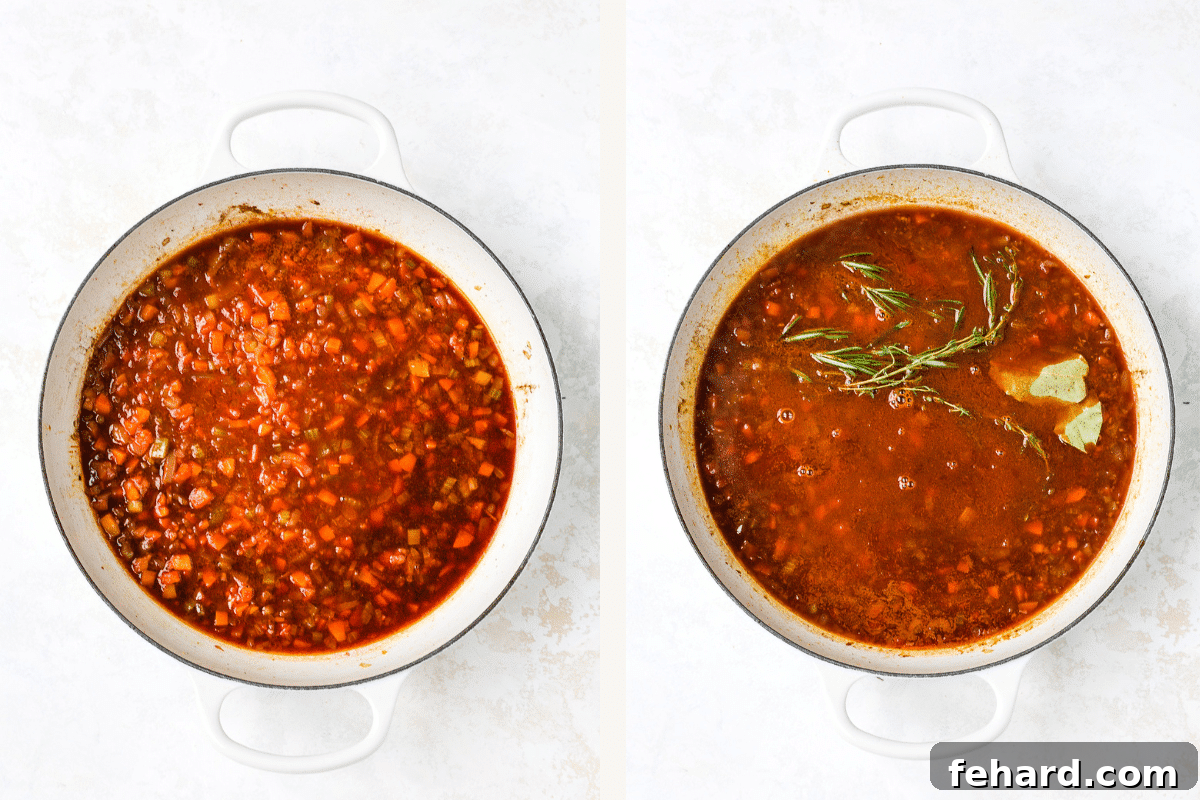 Left: Dutch oven with tomato, wine, and broth added to vegetables. Right: herbs added to pot. 