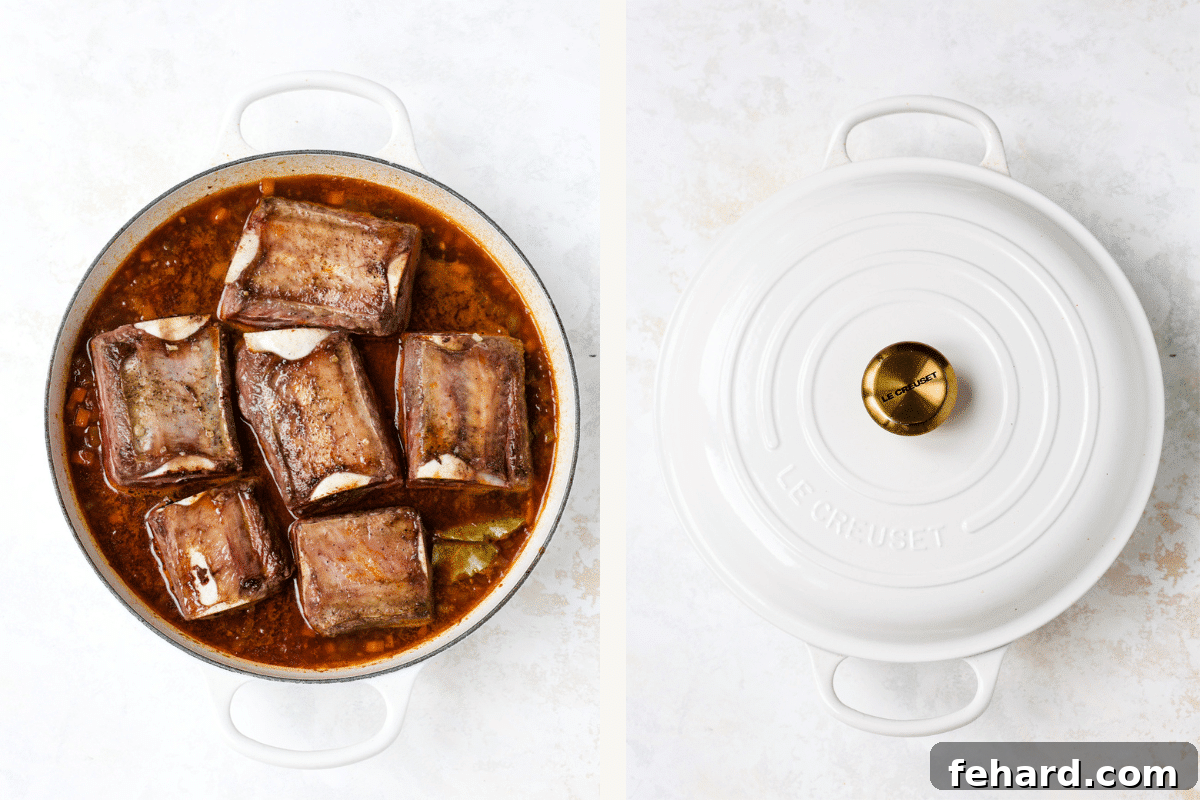 Left: Seared short ribs in the Dutch oven. Right: covered Dutch oven.