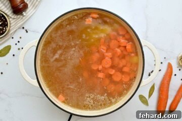 Simmering chicken broth with carrots and potatoes inside large soup pan.