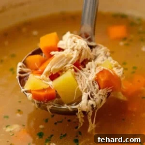 Ladle scooping out chicken soup from soup pan filled with shredded chicken and tender potatoes and carrots.