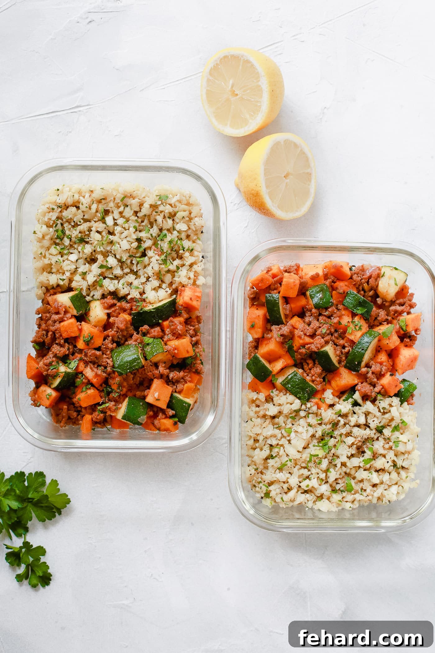 Smart Meal Prep: Ground Beef, Zucchini & Sweet Potato Skillet 3 Healthy Ground Beef Zucchini Sweet Potato Skillet served in a clear glass meal prep container, highlighting the vibrant colors of the vegetables and lean beef.