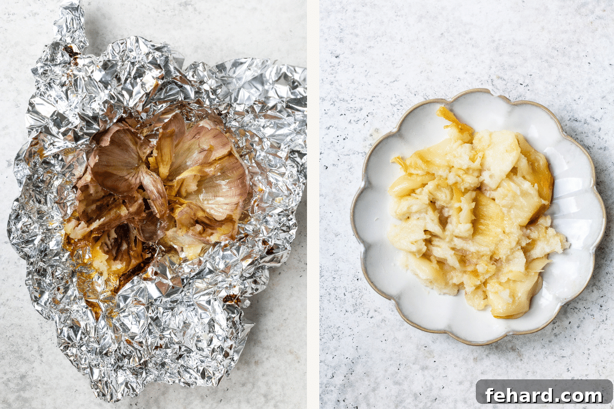 Left: The remnants of the garlic peel inside the foil after the roasted cloves have been removed. Right: Soft, golden-brown roasted garlic cloves expertly mashed into a paste on a small plate.