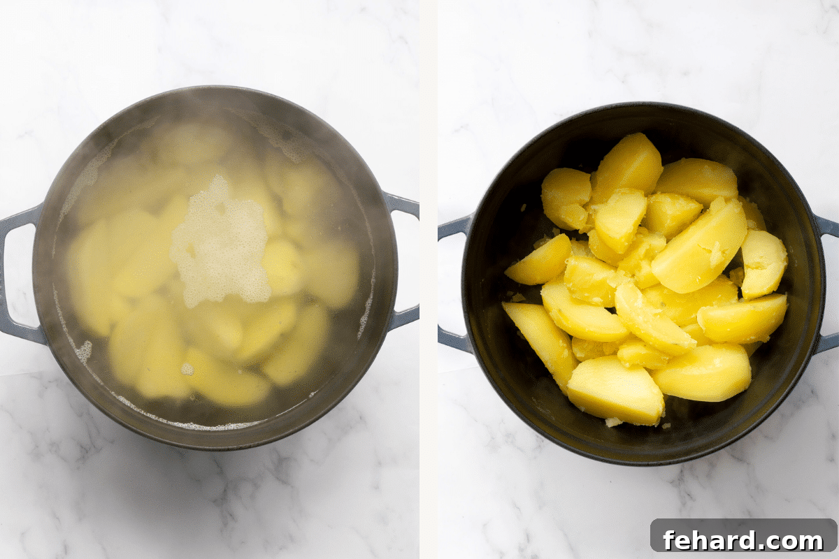 Left: Chopped potatoes boiling in a large pot of salted water on the stovetop. Right: Perfectly cooked and drained potatoes returned to the pot, ready for mashing.