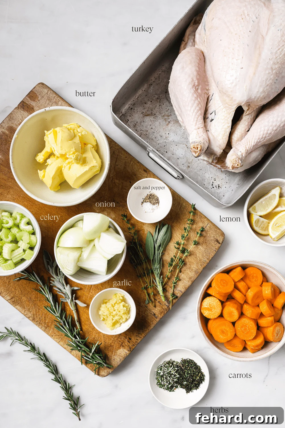 Ingredients for garlic butter roasted turkey.