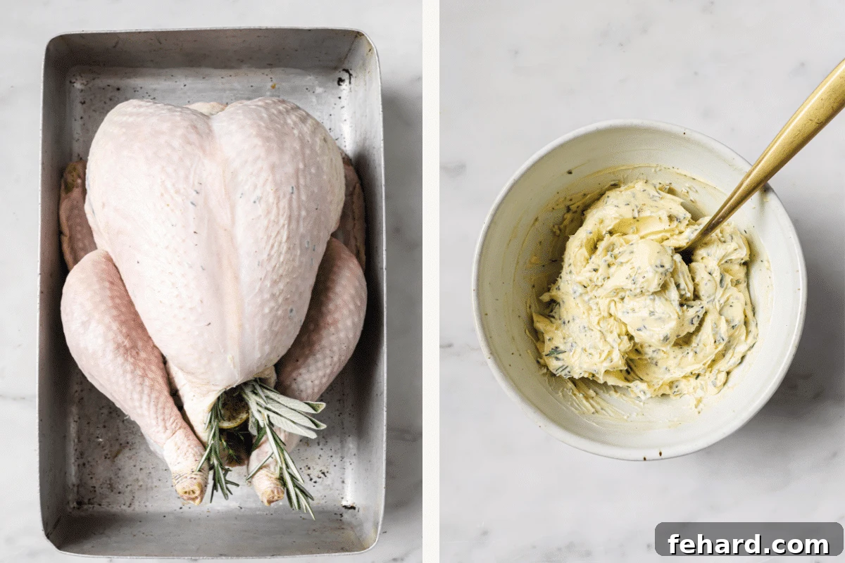 Left: stuffed turkey in a roasting pan. Right: bowl of compound butter.
