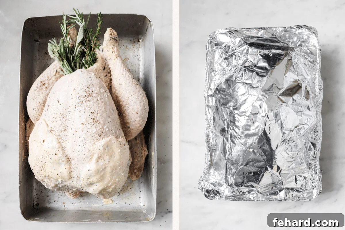 Left: butter added to turkey in roasting pan. Right: roasting pan covered with foil. 