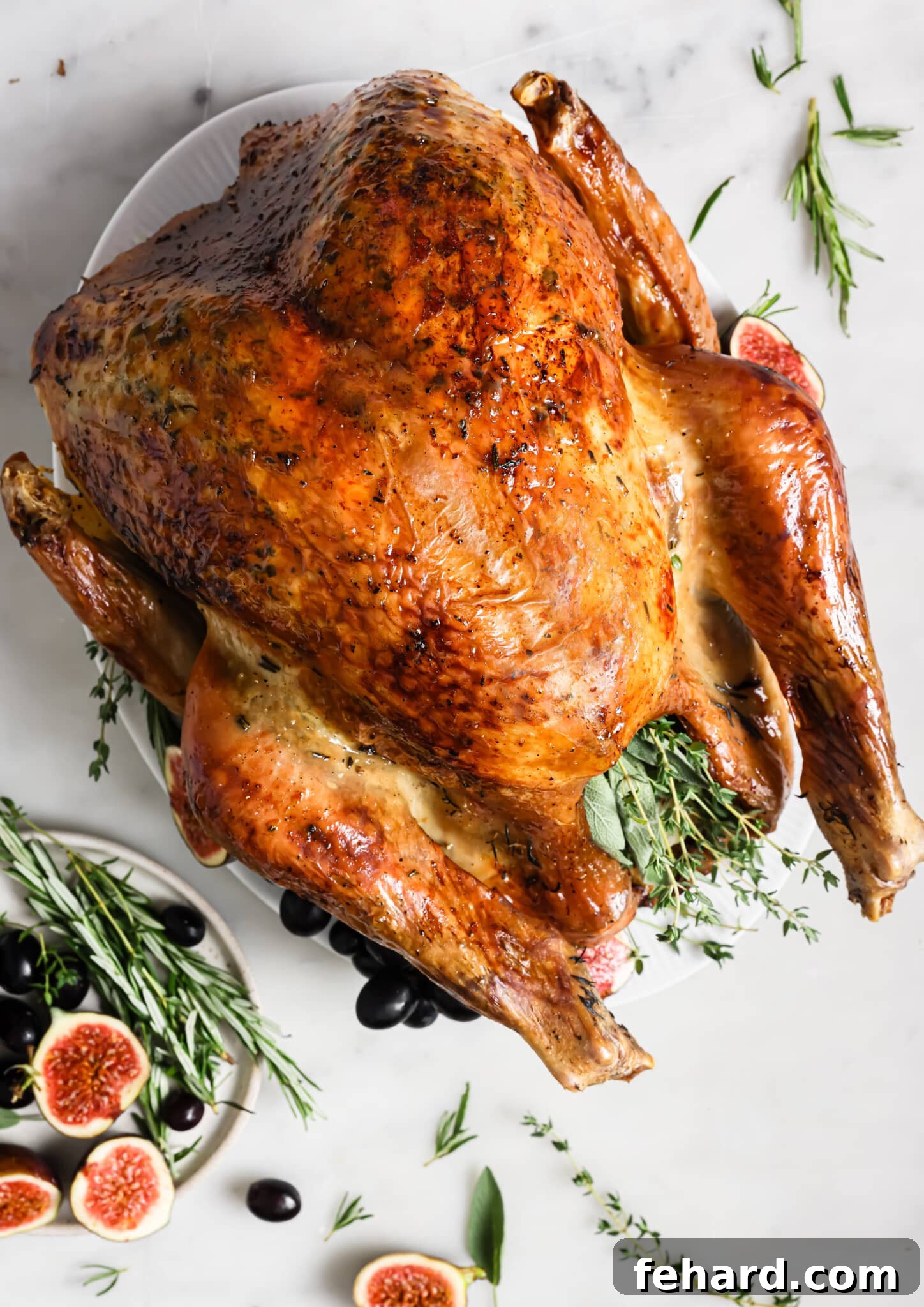 overhead view of thanksgiving turkey on a serving platter. 