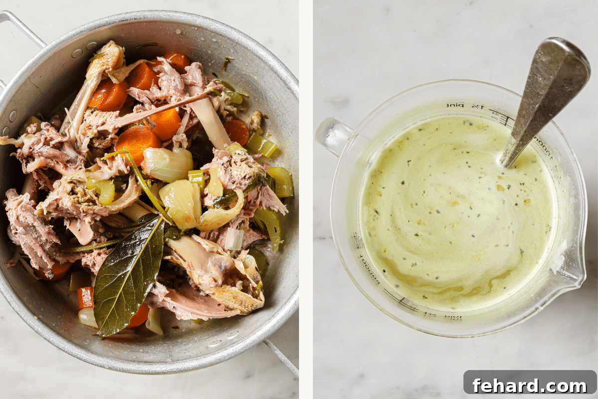 Left: Strained turkey broth solids in a pot. Right: Turkey broth in a pitcher. 