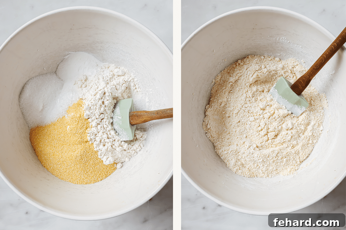 Left: dry ingredients in a bowl. Right: dry ingredients mixed together. 