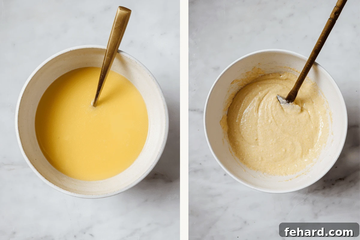 Left: wet ingredients mixed together in a bowl. Right: prepared batter in a bowl.