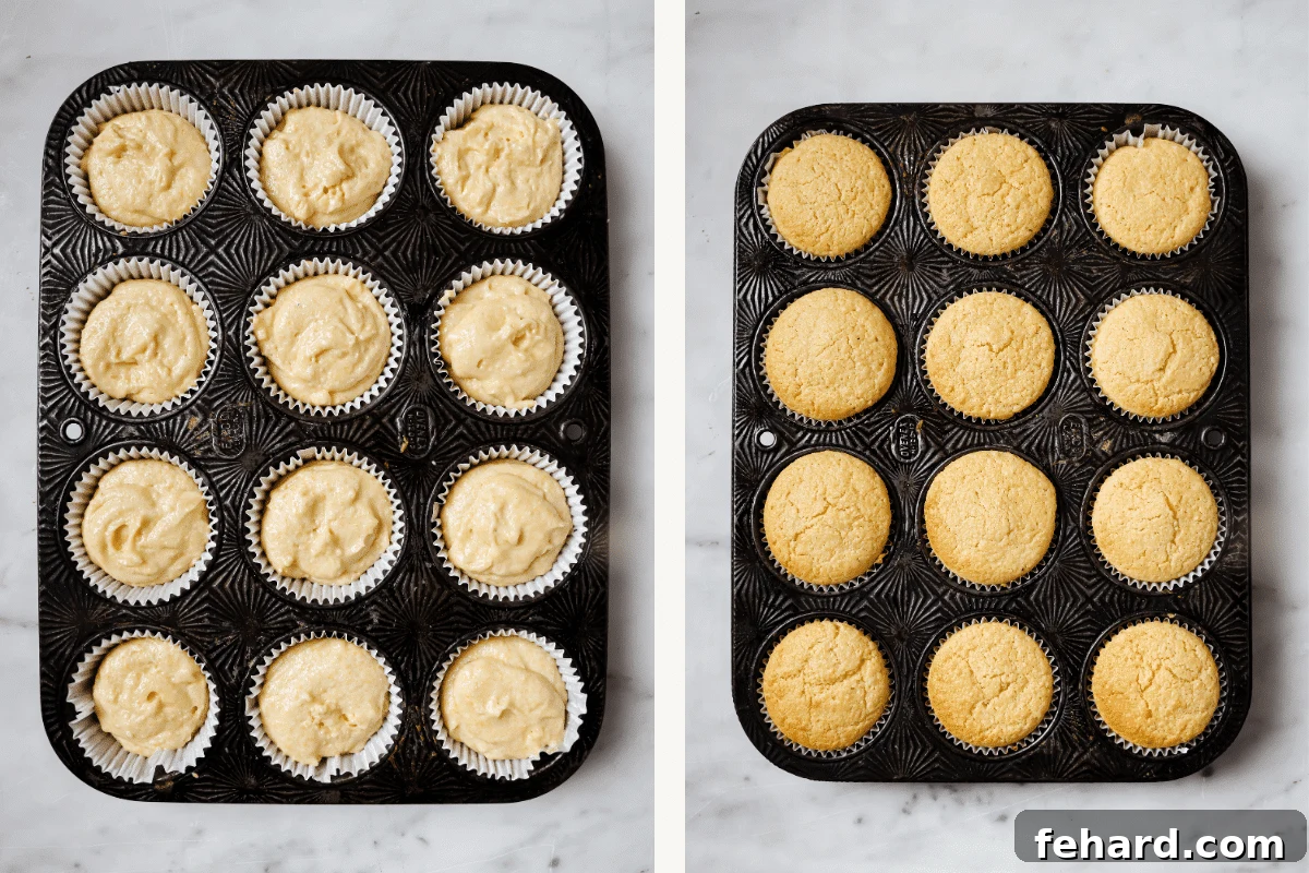 left: cornbread raw batter in muffin tins. right: baked cornbread muffins in a muffin tin. 