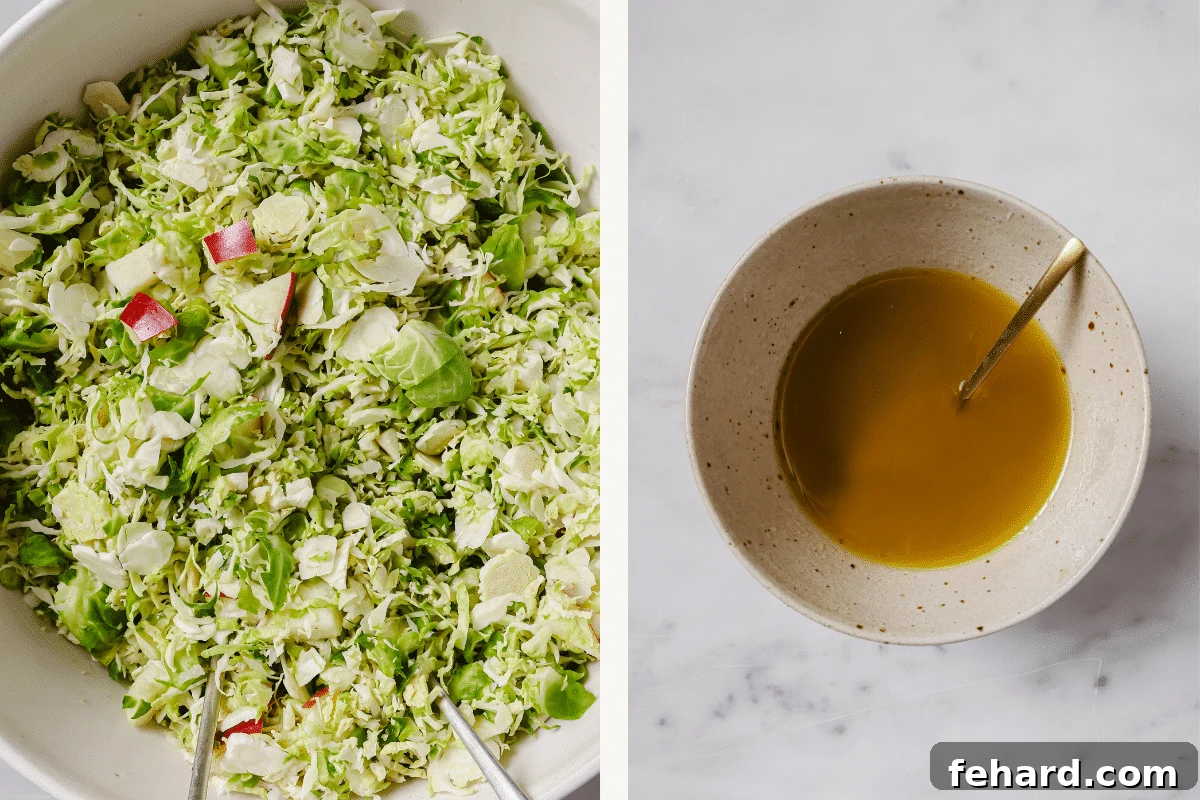 Crisp Shaved Brussels Sprout Slaw 4 Left: chopped ingredients in a bowl. Right: Salad dressing in a bowl.